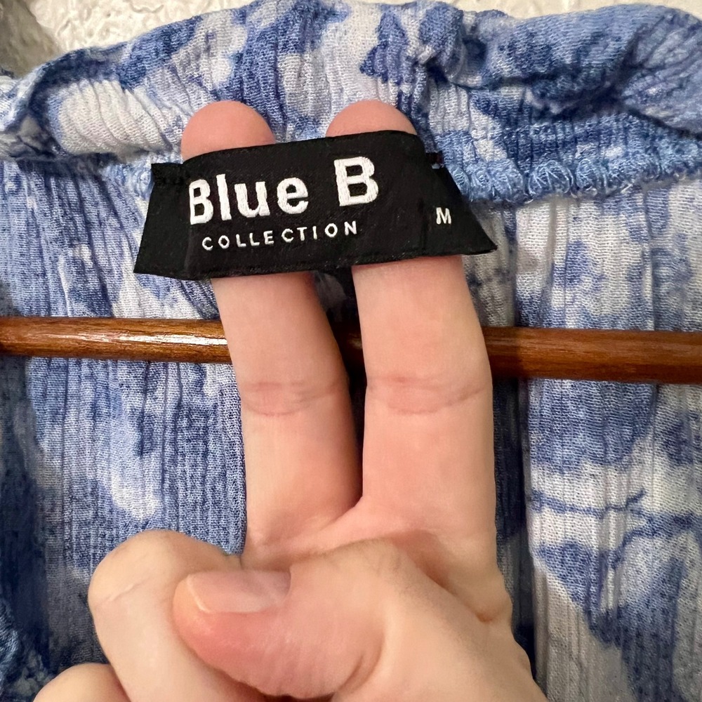 Blue B Collection Women's Romper Blue White Floral Tie Neck Ruffle Sleeve M - Picture 7 of 7